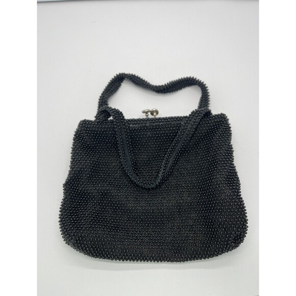 Cordé Bead Handbags - Vintage 1960s Lumured Black Corde Beaded Handbag purse Kiss lock Petit cool